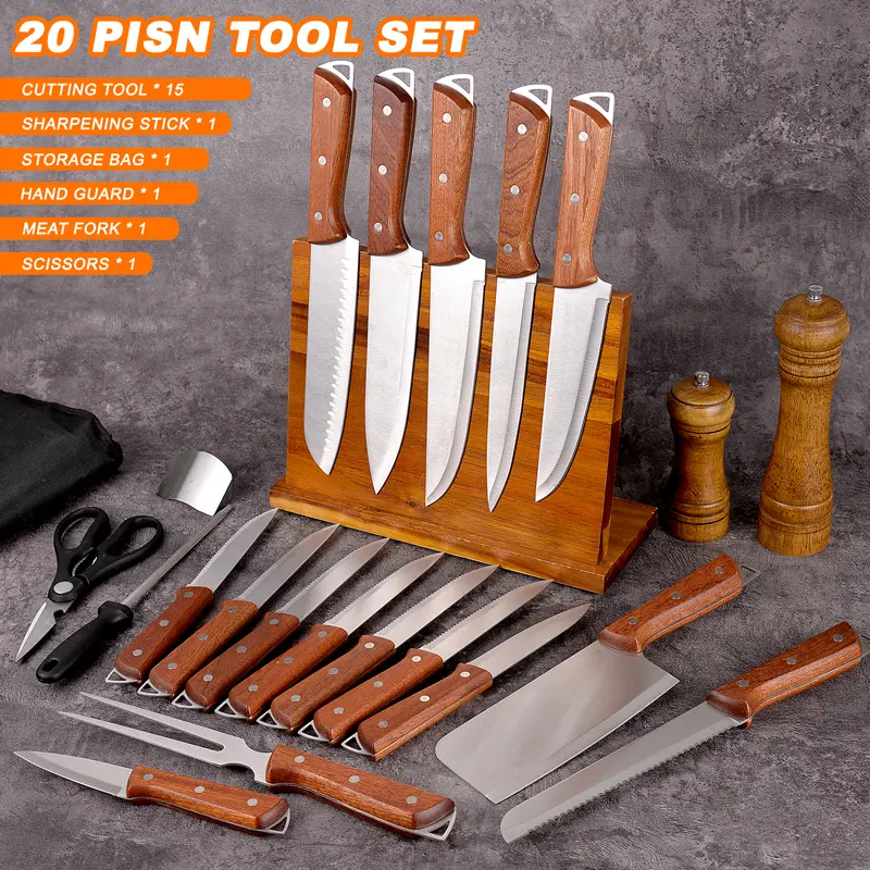 20-piece outdoor kitchen knife set | ultra-sharp and high-hardness rust-proof knife set | solid wood non-slip handle | including bone chopping knife + frozen meat knife + steak knife + Japanese knife + knife sharpening stick | Home kitchen/