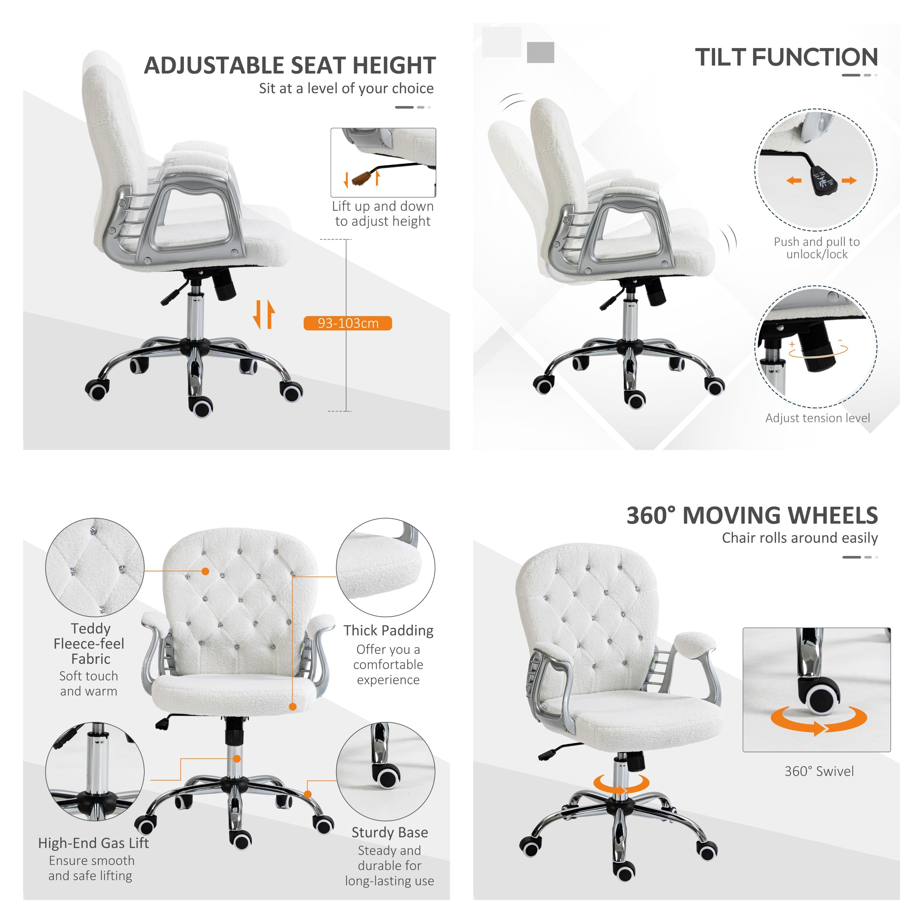 Vinsetto Vanity  Mid Back Office Chair Swivel Tufted Backrest Task Chair with Padded Armrests, Adjustable Height, Rolling Wheels