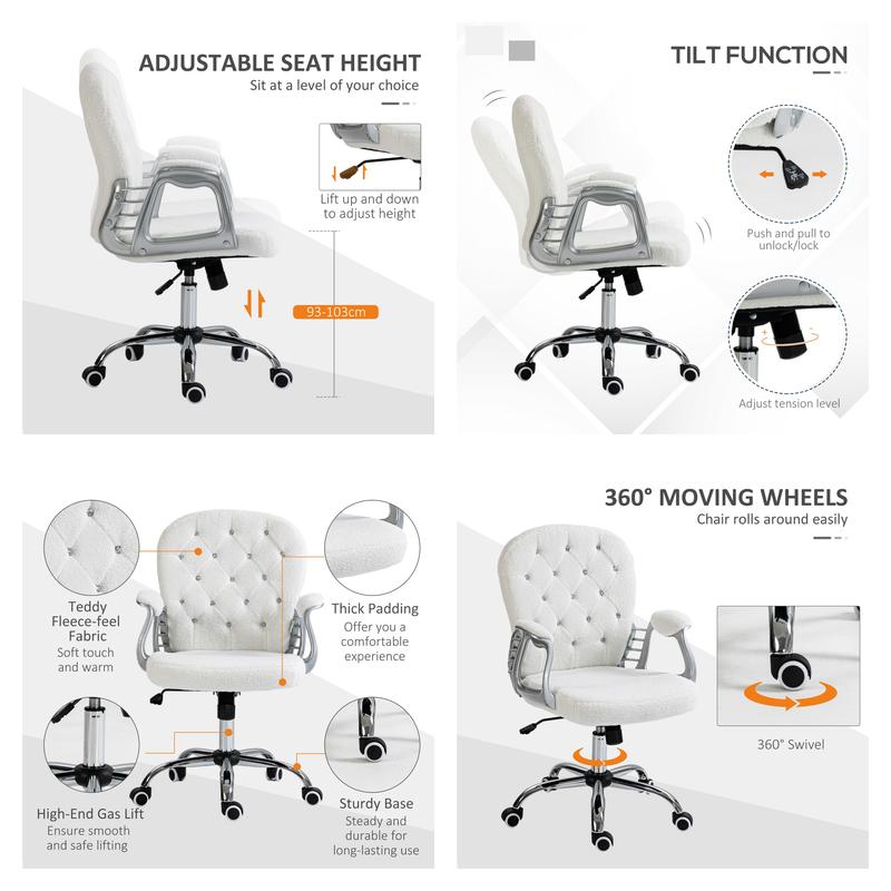 Vinsetto Vanity  Mid Back Office Chair Swivel Tufted Backrest Task Chair with Padded Armrests, Adjustable Height, Rolling Wheels