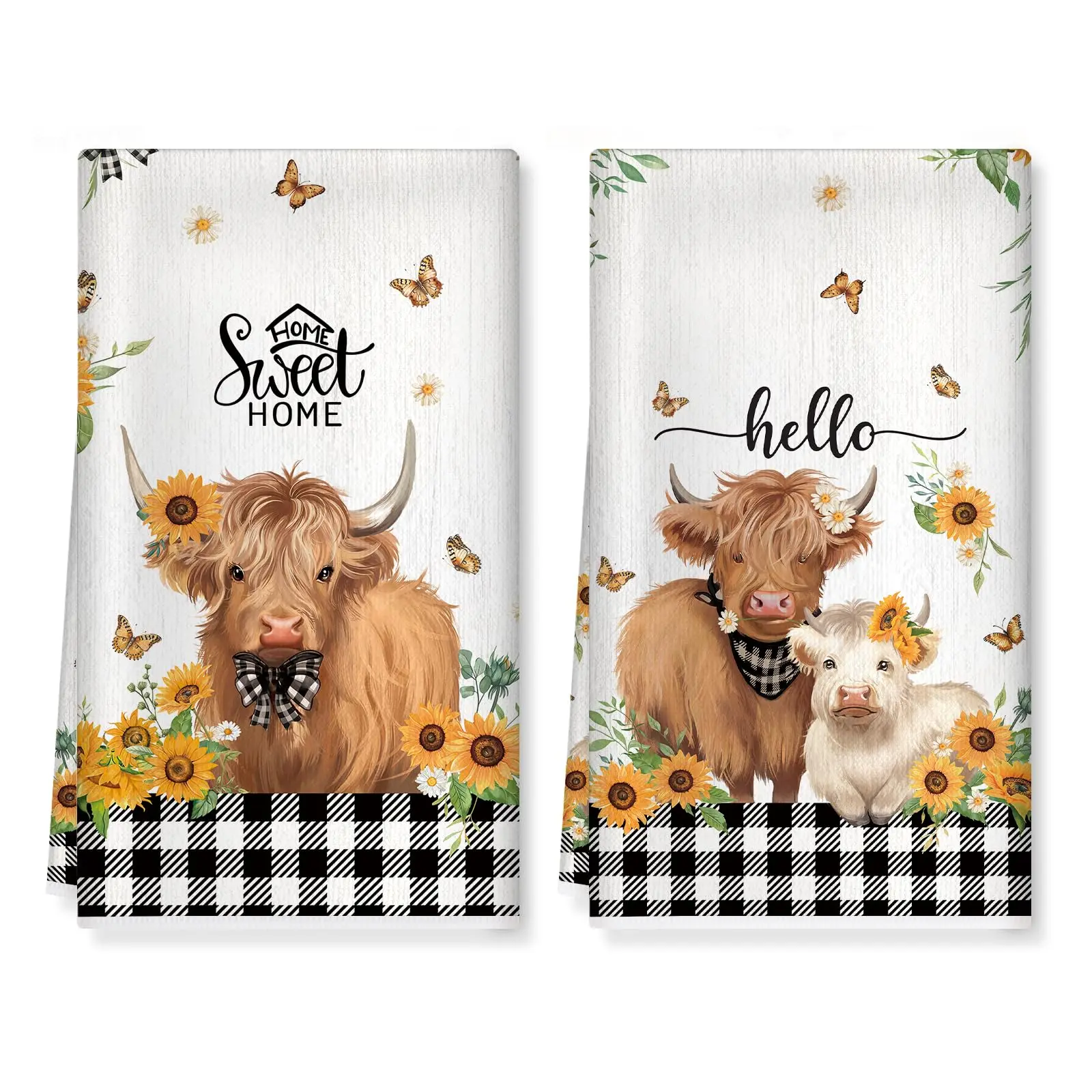 Highland Cow Kitchen Towels Soft Thick Polyester Farmhouse Hand Towels, 18 × 26 inch Absorbent Dish Cloth for Kitchen Home Decor, Housewarming, Birthday Gifts for Mom, Set of 2