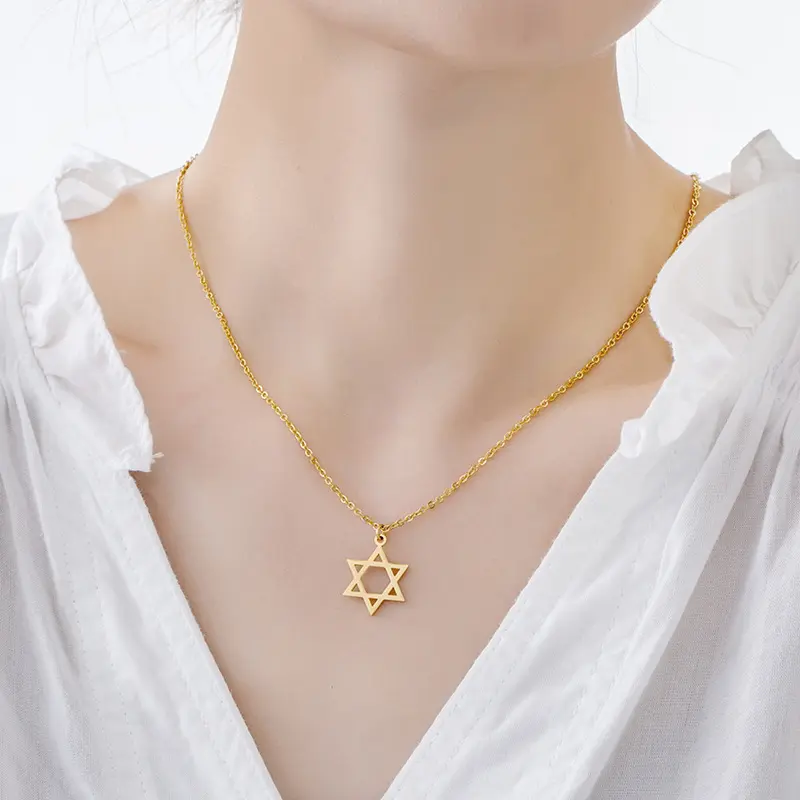 Women's 18 Karat Gold 6-Pointed Star of David Emblem Charm Chain Necklace - Elegant Statement Necklaces, Versatile Everyday Wear Gift for Women