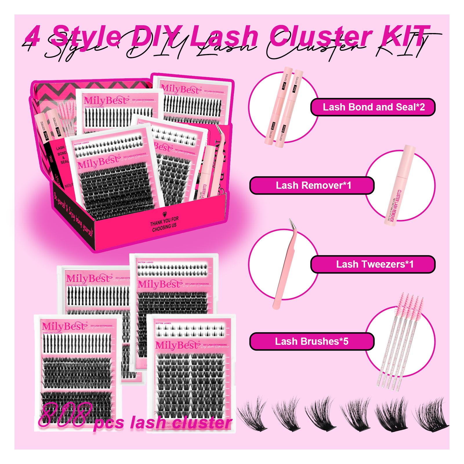 MilyBest 4 Styles Lash Clusters Kit,1 Set Mixed Length Individval Eyelash Extensions Kit,Self Grafting False Eyelashes with Tweezers&Glue&Remover,Prefessional Eye Makeup Accessories for Women