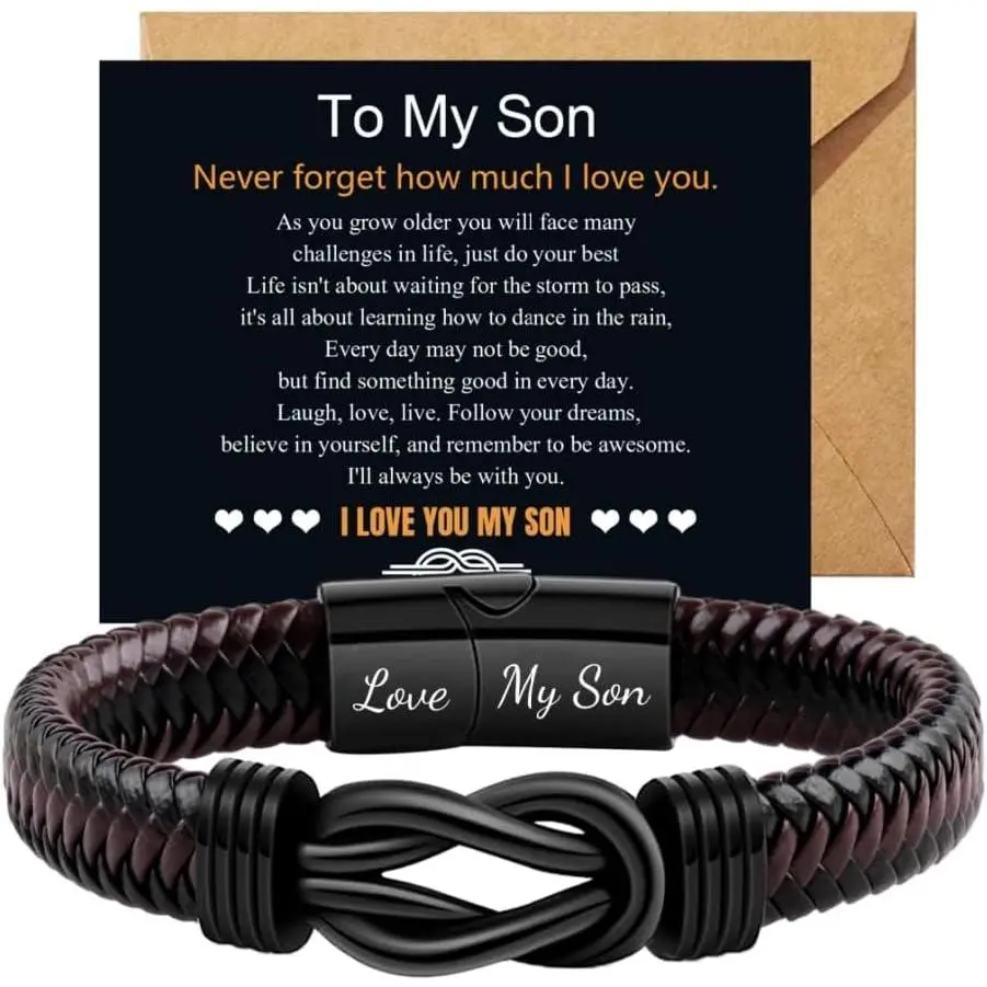 Knot Bracelet Gifts for Men Anniversary Birthday Gifts for Men Brown Braided Leather Stainless Steel Infinity Bracelets Lettering Love You Forever Always Linked Together Bracelet