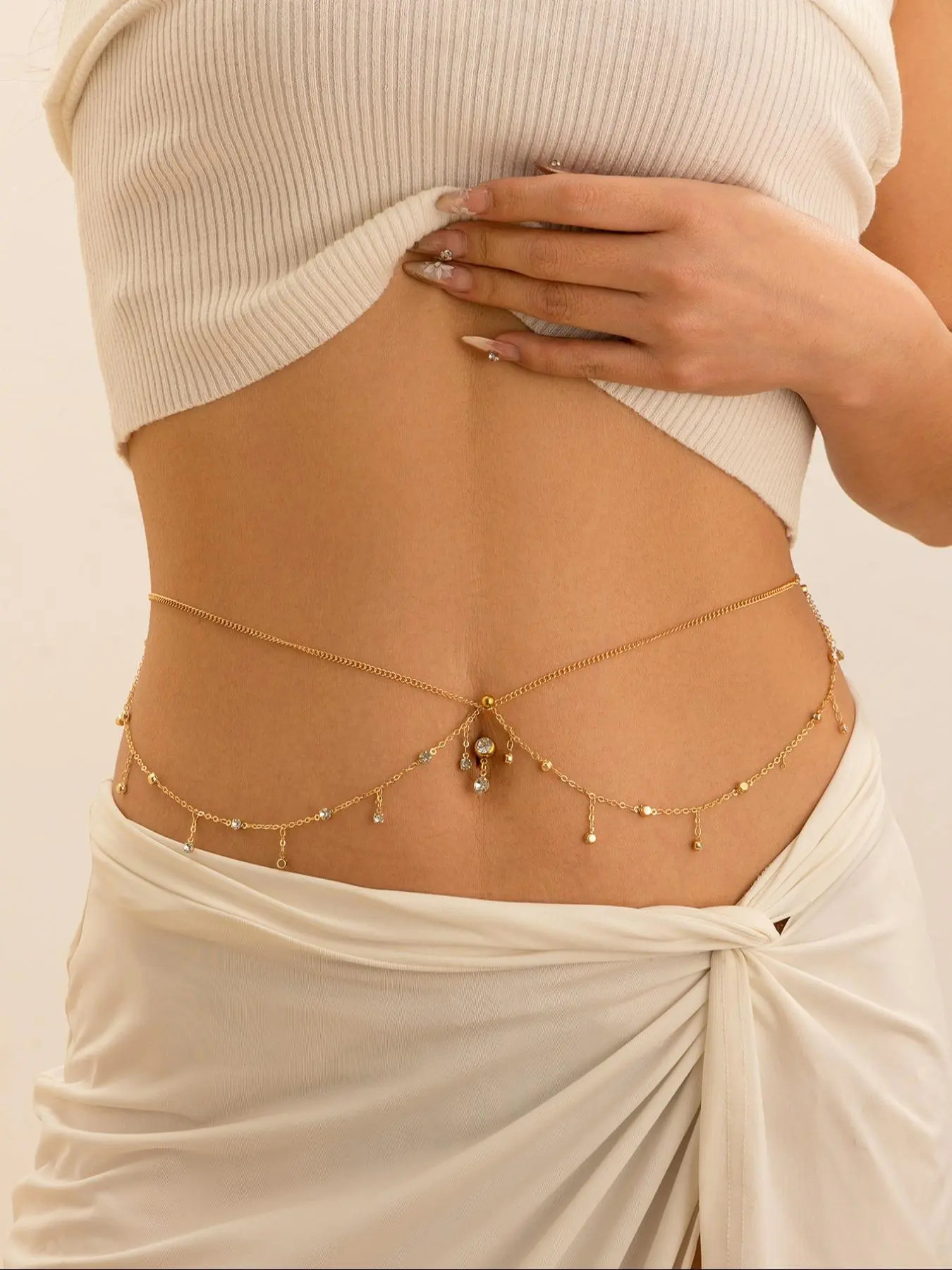 Women's Rhinestone Decorated Tiered Layered Waist Chain, 2024 New Style Fashion Body Jewelry for Party & Daily Clothing Decor, Trendy Cool Female Accessories for Birthday Gift, Belly Chain