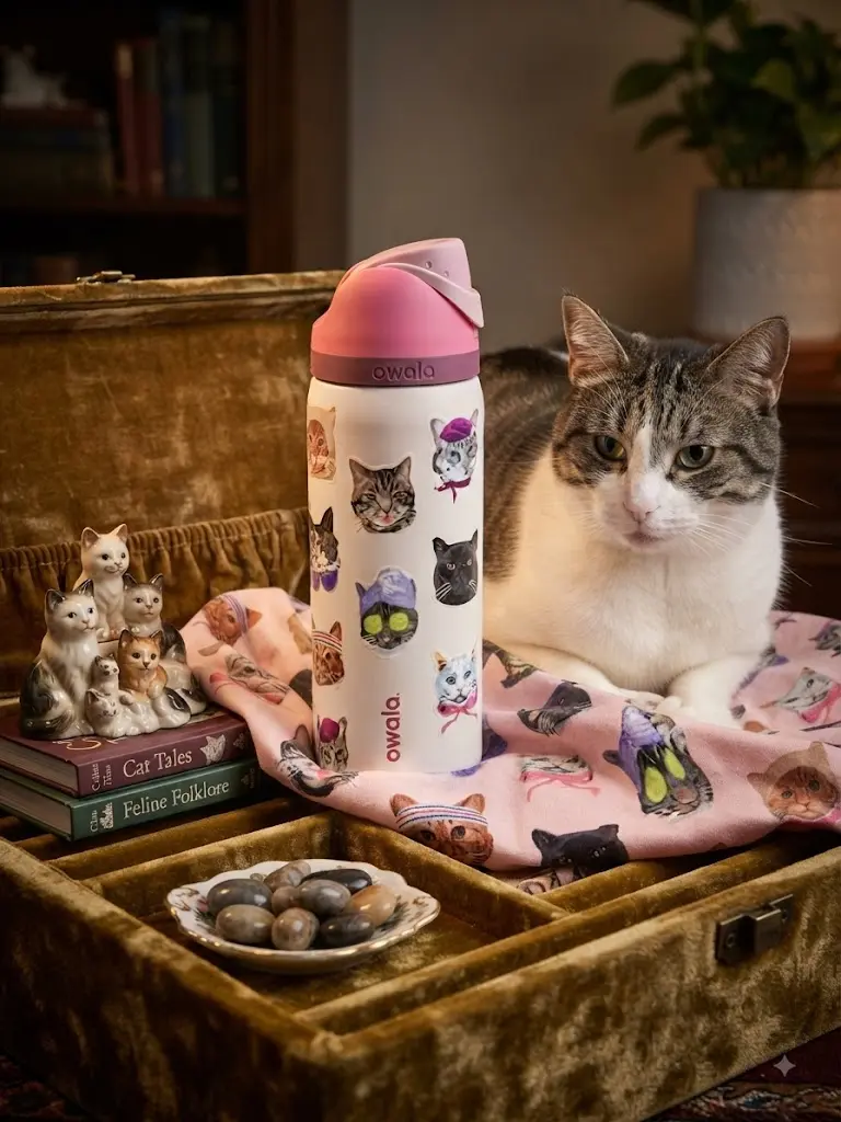 Owala Cat Collage FreeSip 32 oz Water Bottle, Cute Cat Print Insulated Stainless Steel Tumbler with Straw Lid