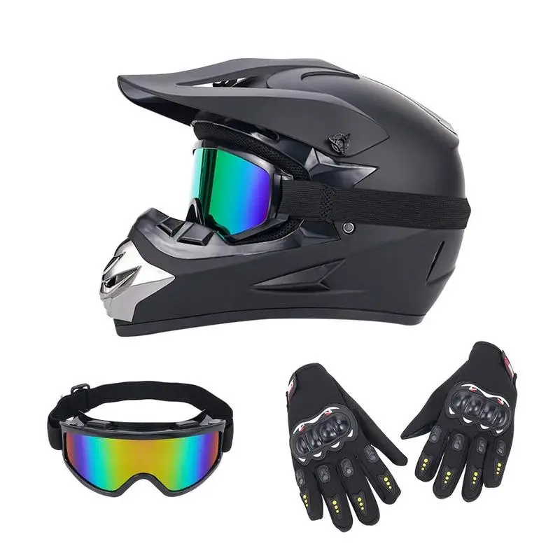 Matte Black DOT-Certified Ventilated ABS+EPS Dirtbike Helmet - Unisex 4-Pieces Off-Road Full Face Set, Equipped with Visor, Gloves, Face Mask for Mountain Bike, Dirt Motorcycle