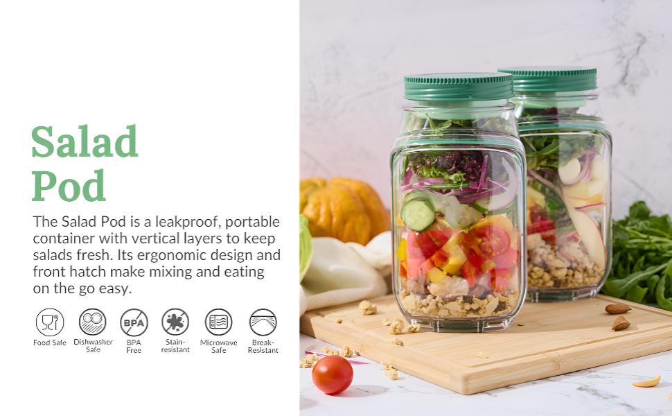 SALAD Jar - Salad Pod Mason Jar Side Open, Salad Jar with Side Opening for Lunch, Portable Salads Dressing Container with Lid for Travel Leakproof Dressing Compartment