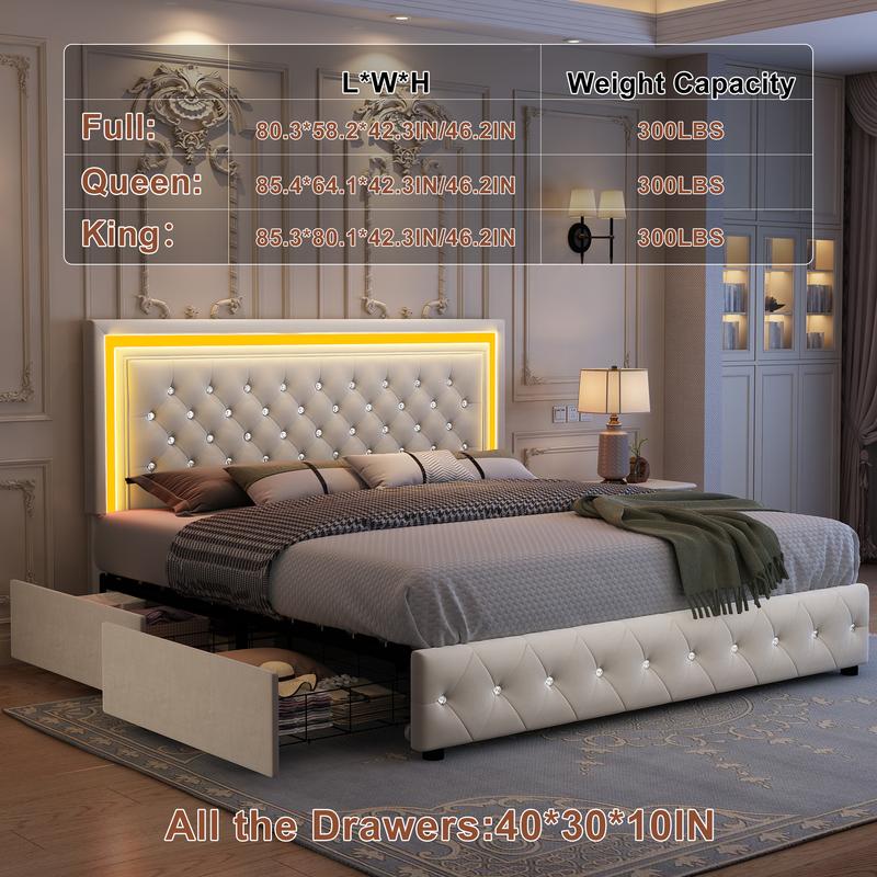 GEGOFORU Queen LED Storage Platform Bed with 4 Drawers, Adjustable Upholstered Headboard, Smart RGB Lights, Noise-Free, No Box Spring Needed, Easy Assembly, Grayring Needed, Easy Assembly, Gray