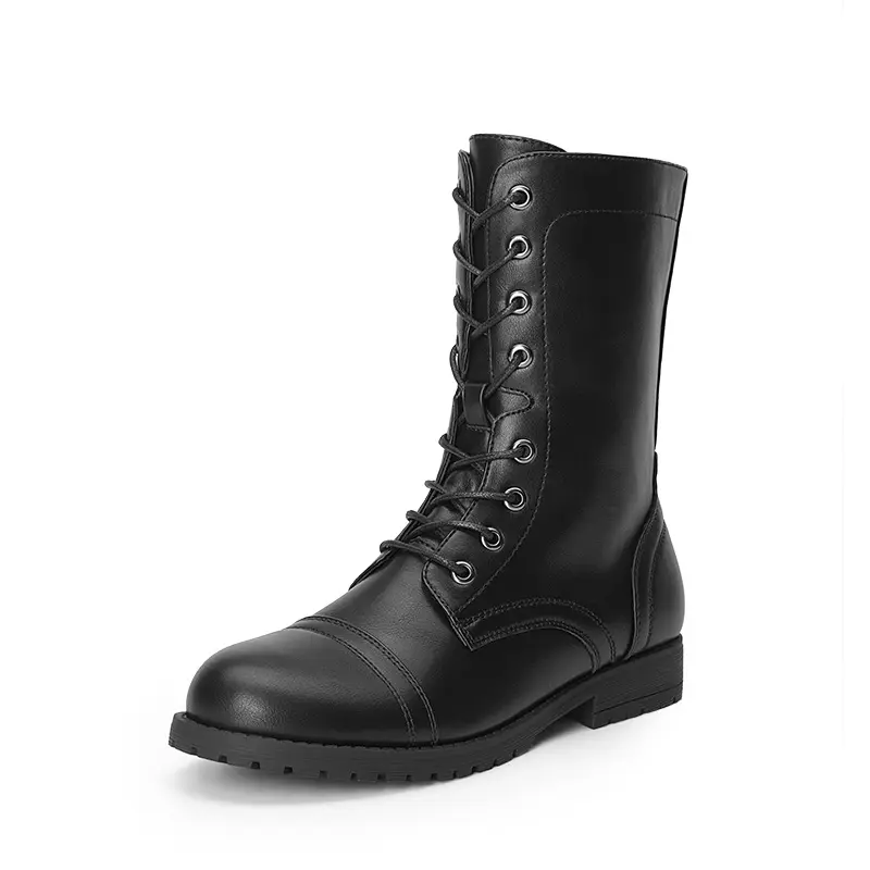 Dream Pairs Women's Synthetic Vegan Leather Classic Mid-Calf Cap Toe Combat Boots - Side Zip Ease, Comfortable Padded Insole, Soft Latex Cushion, TPR Sole, Slip-Resistant, Rock Style, Versatile for Daily Outfits