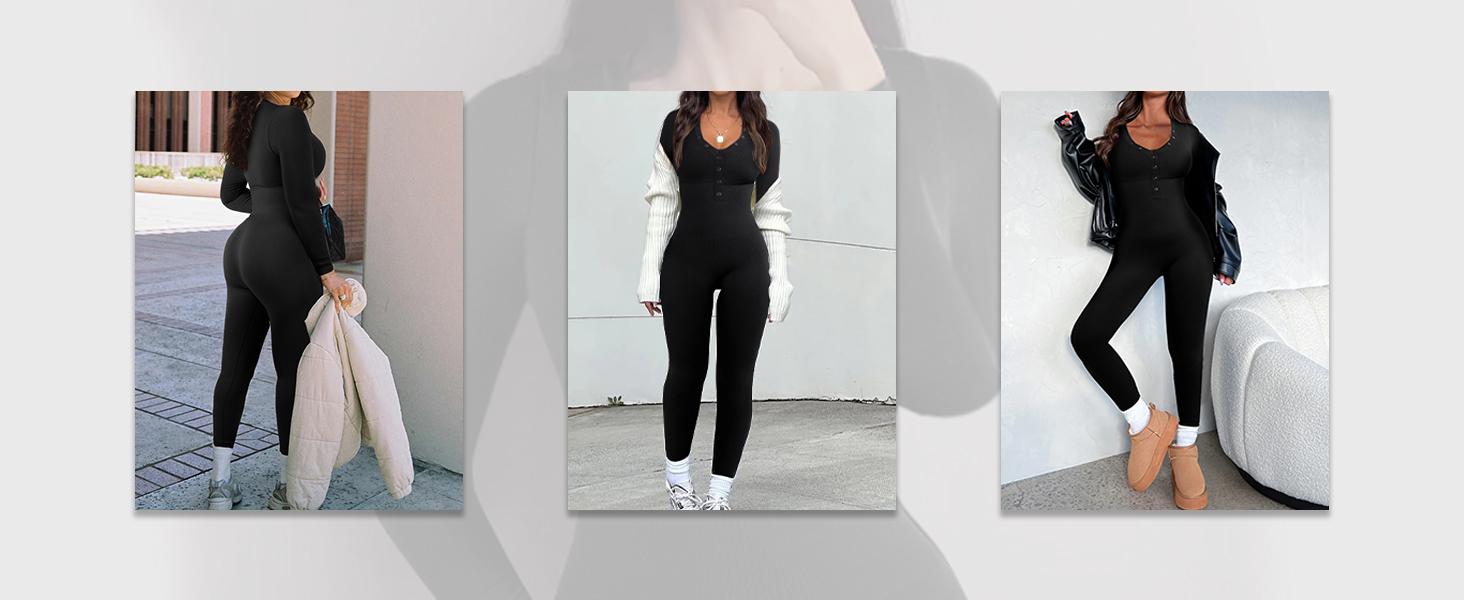 FeelinGirl Women's Long Sleeve V-neck Bodycon Jumpsuit One-piece Seamless Ribbed Romper  Long Skinny Pants Bodysuit Lady dealsforyoudays