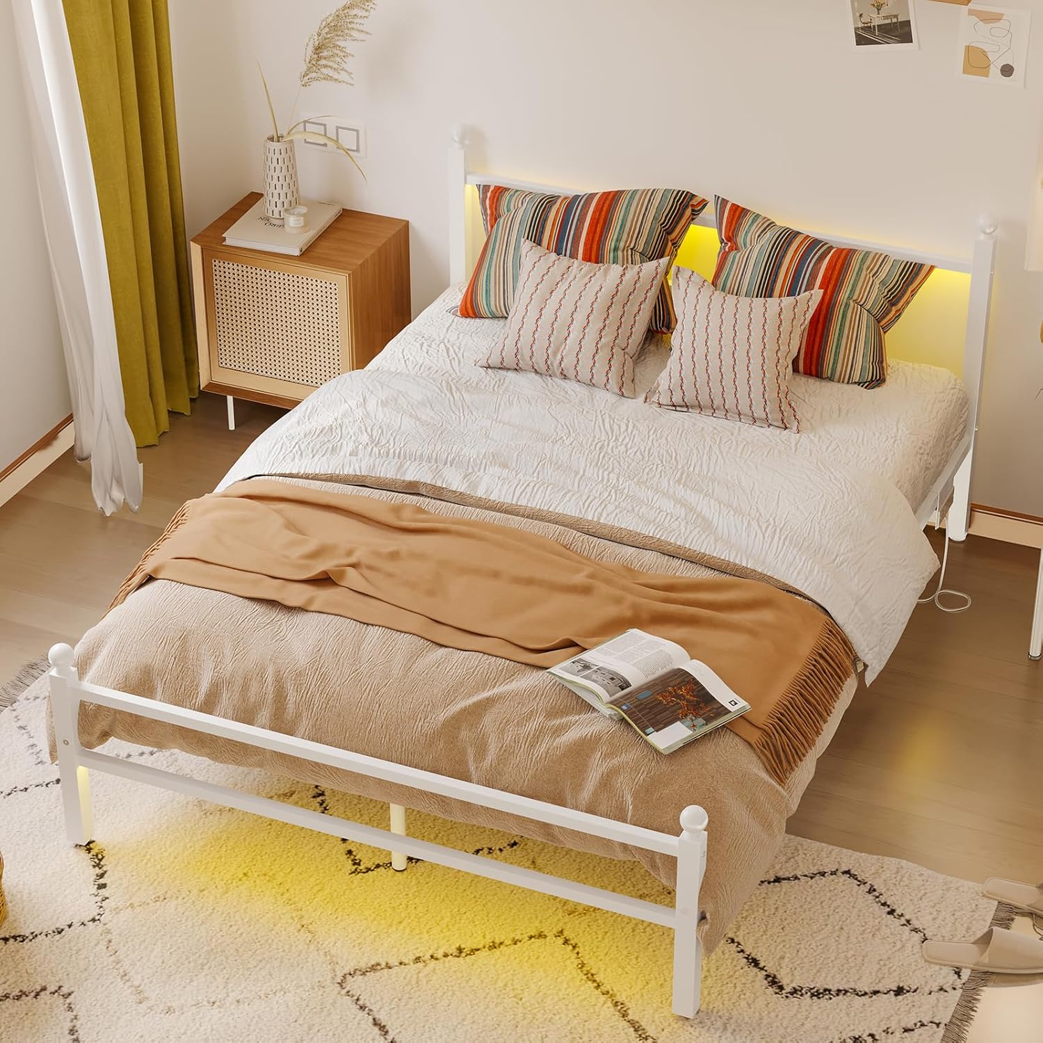 Full Size LED Bed Frame with Charging Station, Metal Platform Bed with USB Ports & Outlets, Heavy Duty Frame with Under Bed Storage, Easy Assembly