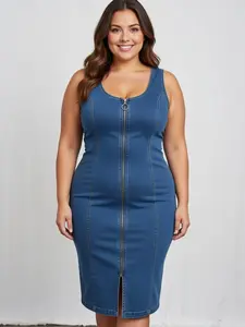 Women's Plus Size Sleeveless Zip Front Denim Dress