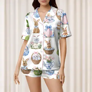 Women's Coquette Easter Bunny Short Sleeve Satin Pajama Set, Chinoiserie Easter Sleepwear, Gift For Girlfriends