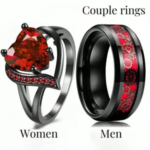 Romantic Couple Ring Set – Red Heart Crystal Ring for Women & Stainless Steel Ring for Men