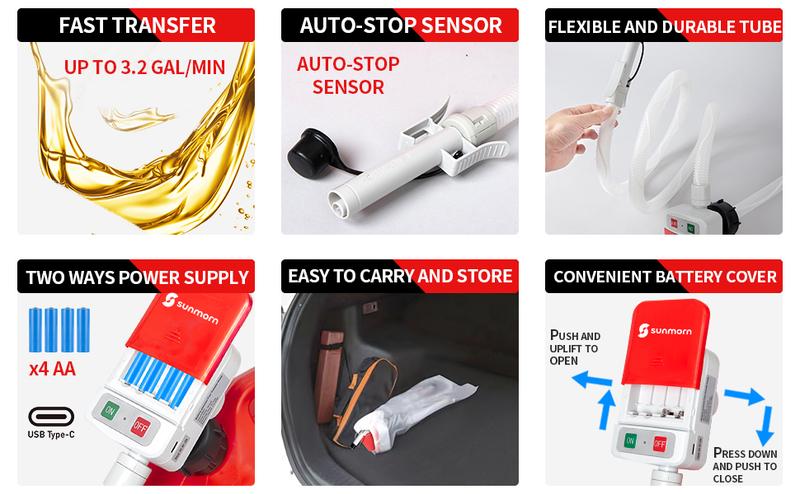 SUNMORN Automatic Electric Fuel Transfer Pump with Auto-Stop, 3.8GPM & 51" Hose & 4 Size Adapters Gas Can Pump with Leak Protection for Gasoline, Diesel, Kerosene, Gifts for Men Dad Him