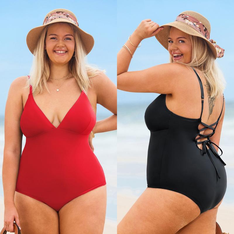 CUPSHE One Piece Swimsuit: Plunging V Neck Sculpting Tummy Control Bathing Suit with Adjustable Lace-Up Back (Size XS-3XL)