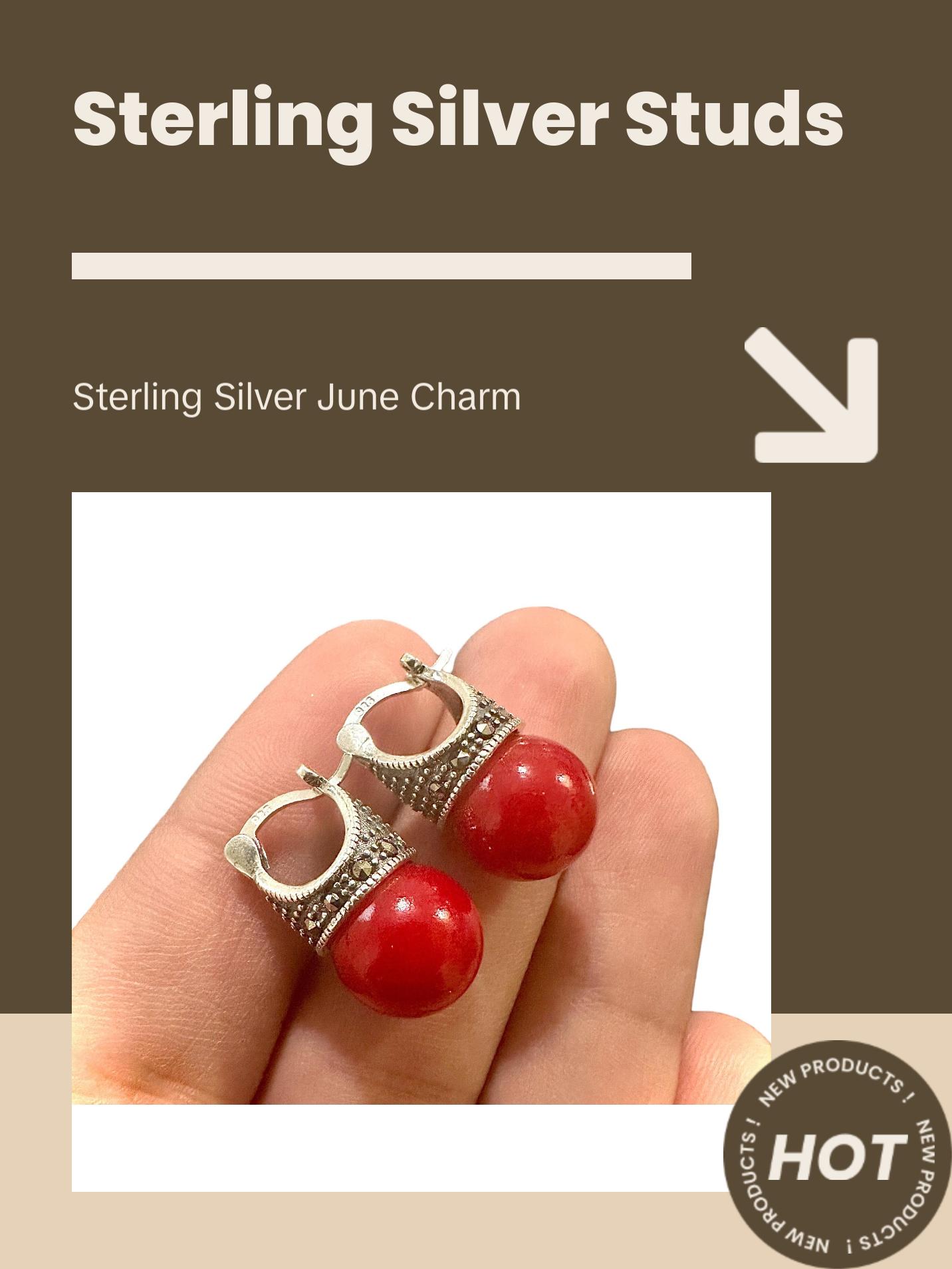 Marcasite Red Pearl Studs 925 Sterling Silver Birthstone Earrings