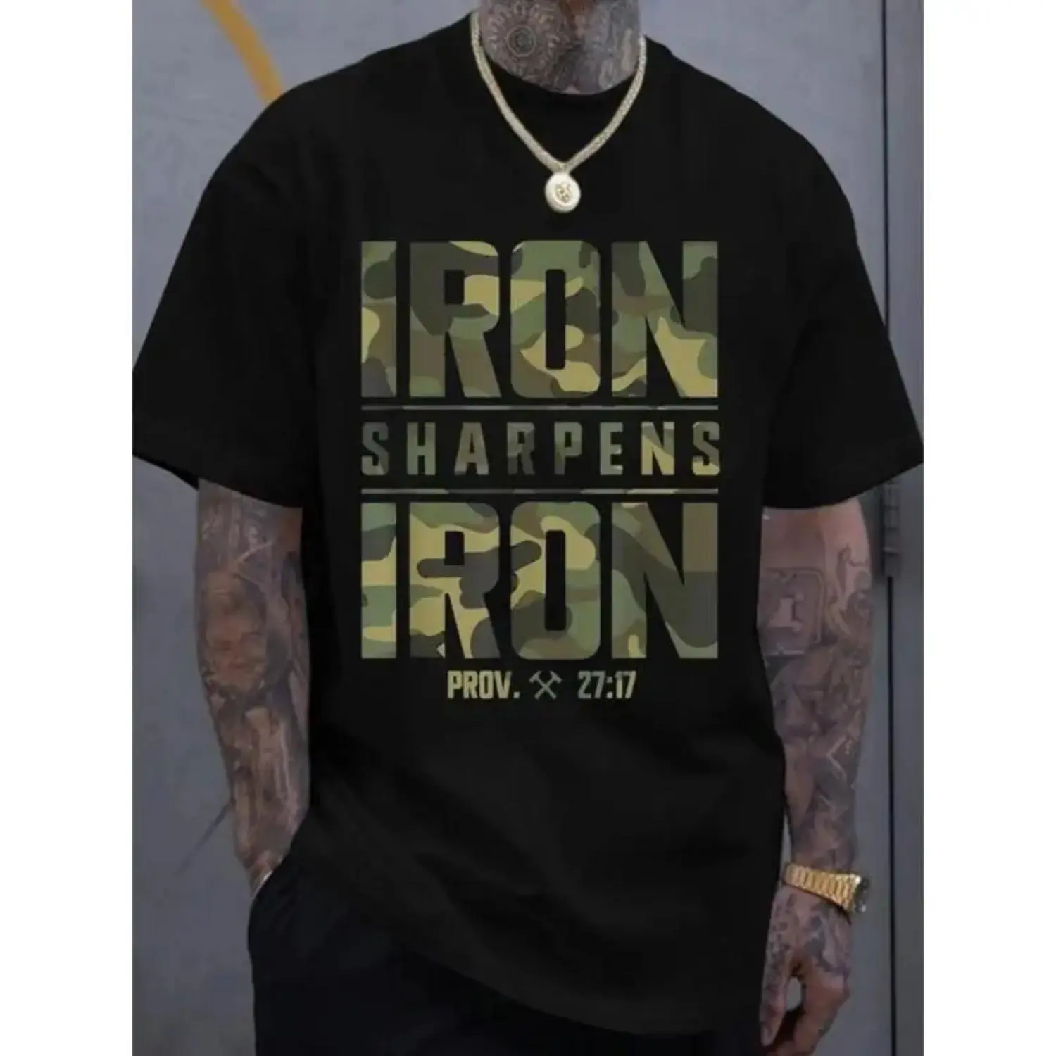Women's Shortsleeve T-Shirt, Oversized Cotton Streetwear with "Iron Sharpens Iron" Camo Geometric Graphic, Tshirt, Crew Neck, Round Neck, Camouflage, Tops, Streetwear Ready, Durable Stitching, All Seasons, Casual, Machine Washable, Breathable Cotton, Bibl