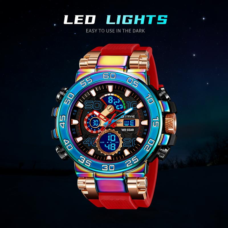 Men's Colorful Punk Style Quartz Watch Multi-FunctionalWater Resistant Dual Display Wristwatch  Trendy Fashion SportWatch  Birthday Gift with Tin Box