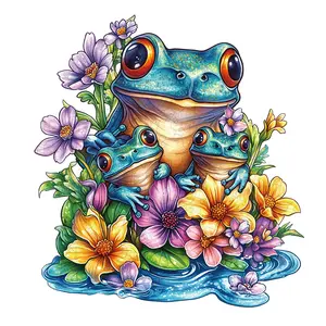 Frog Family Floral Wooden Puzzle L Size 200 Pieces Unique Irregular Animal Shapes Creative Birthday Gift for Adults Kids Family Game Natural Material Smooth Edge Home Decor