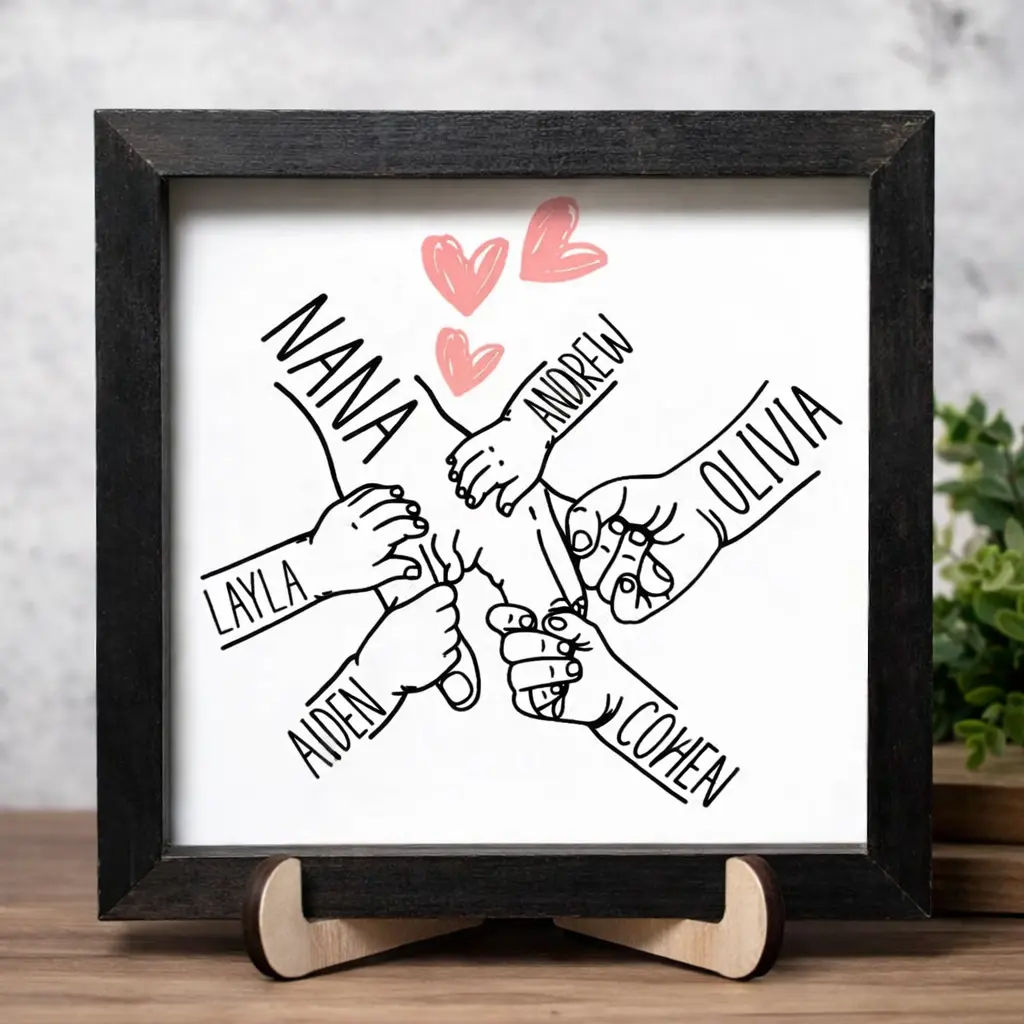 Personalized Mom Holding Kids Hands Sign, Mothers Day Gift Personalized Gift for Mom with Kids Names Rustic Framed Wooden Sign for Mom Gifts