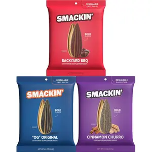 SMACKIN’ Sunflower Seeds 3-Flavor Variety Pack – 4oz Bags Backyard BBQ Cinnamon Churro OG Original Snack