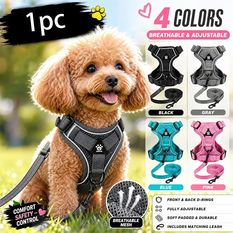 Adjustable Dog Harness Set, No Pull Harness, Breathable Mesh Reflective Anti-Pull Pet Vest for Small Medium Large Dogs, Outdoor Walking Night Safety
