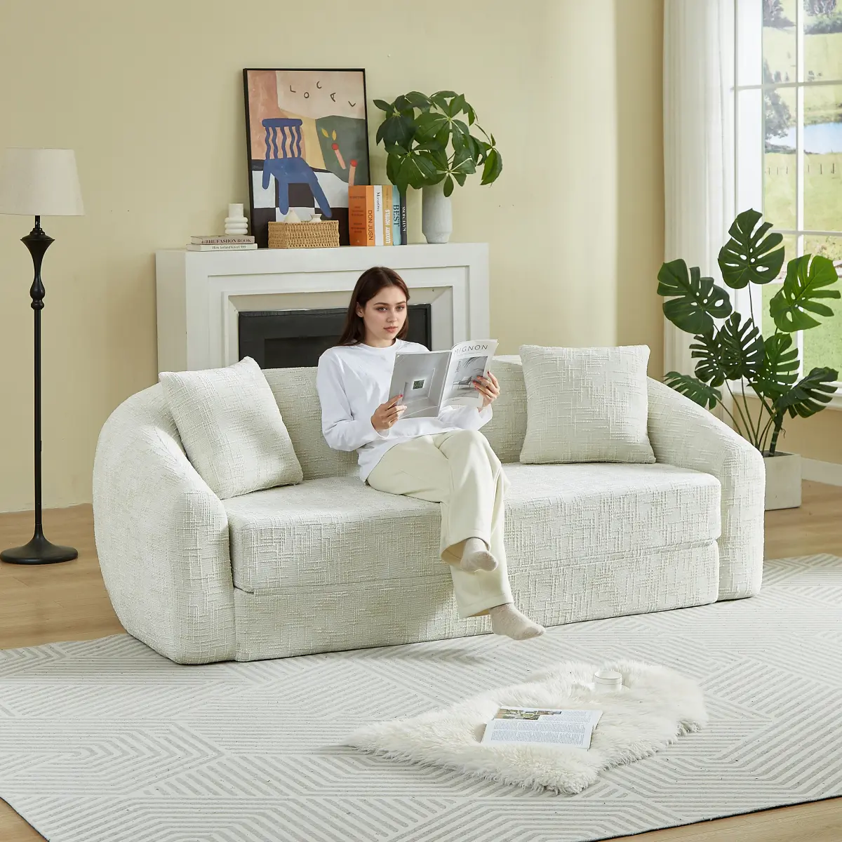 [Bellemave] 2-in-1 Fold-Out Sofa Bed| 87-inch Chenille Curved Sofa Recliner| Pull-Out Base & Two Pillows| No Assembly Required