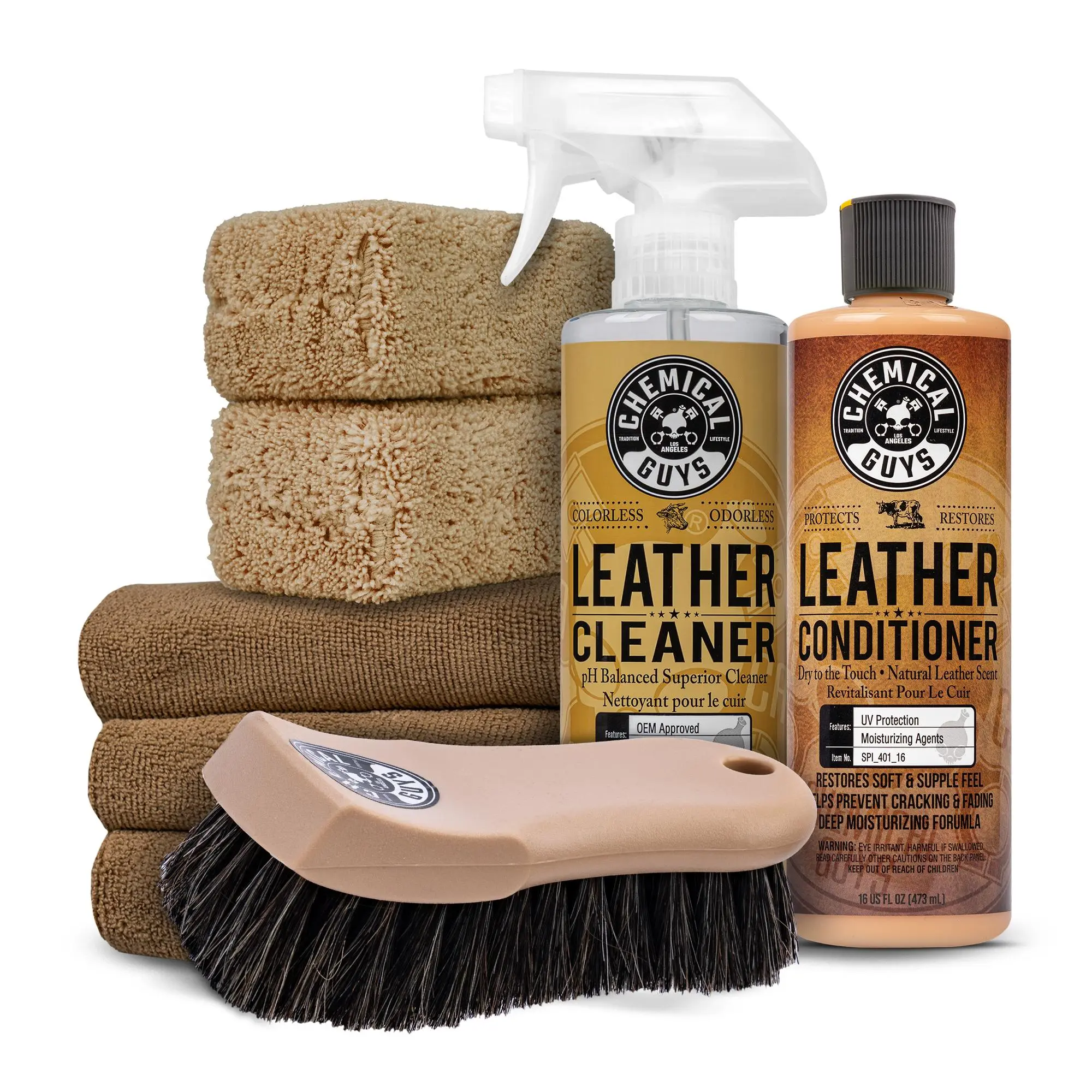 CHEMICAL GUYS Premium Leather Care Complete Care System Bundle - 16oz Automotive Car Seat Cleaner, UV Protection, Detailing Setup with 2-Pack Microfiber & Brush for Interior Dashboards