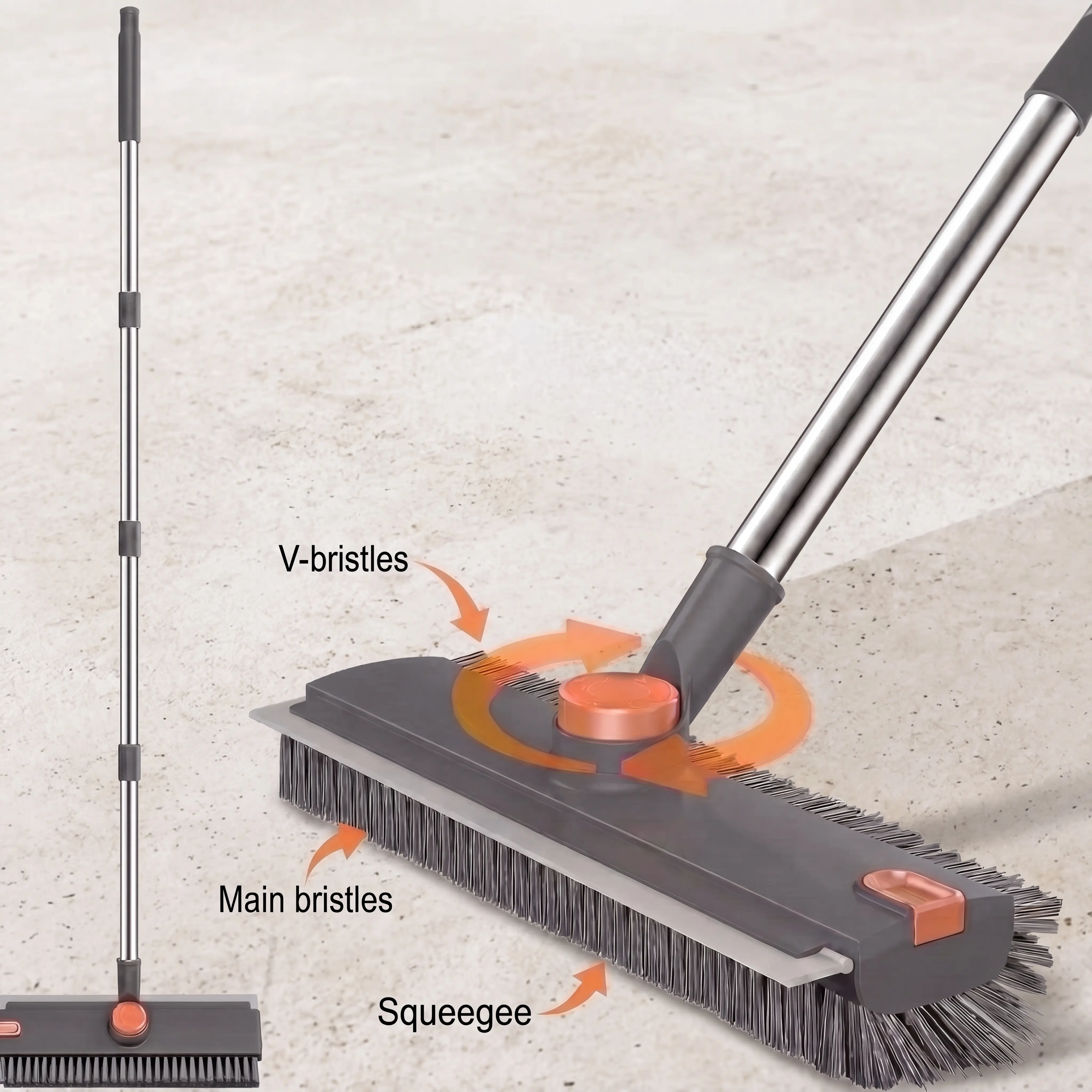 Heavy-Duty Stiff Bristles Floor Scrub Brush with 54-in Adjustable Handle, Built-In Scraper, Comfortable Rubber Grip, for Vinyl, Wall, Kitchen & Shower Cleaning, Gray & Orange