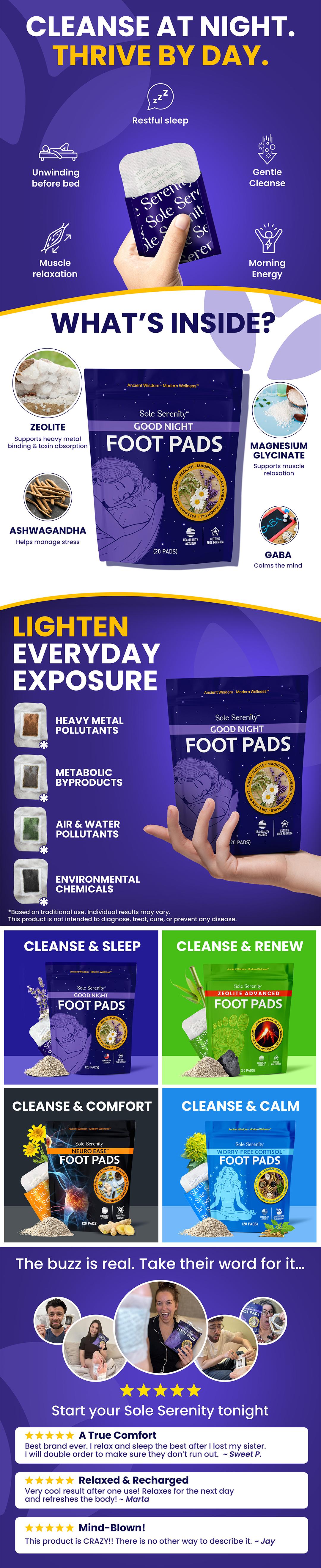 Sole Serenity Detox Foot Pads – Zeolite & Ashwagandha | Good Night, Cleansing, Stress Relief, Pain Relief Variants with Magnesium Glycinate, GABA, Valerian Root & Lavender