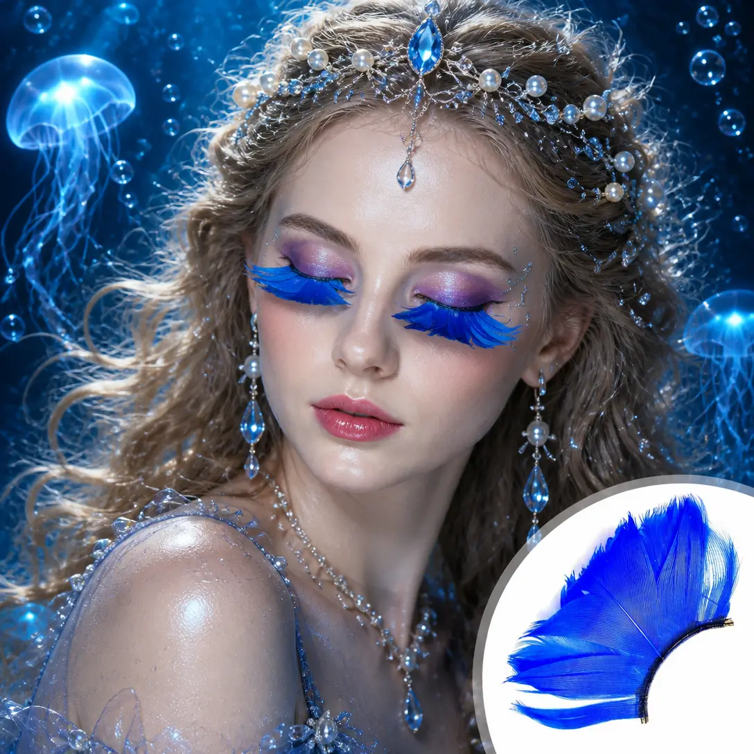 Dorisue Blue Petal Fan Feather Cosmetic False Lashes - D Curl, Dramatic, Long Lashes Beauty Makeup for Dark Fantasy, Festival Events, Dramatic Lashes, Mermaid False Eyelashes & Adhesives