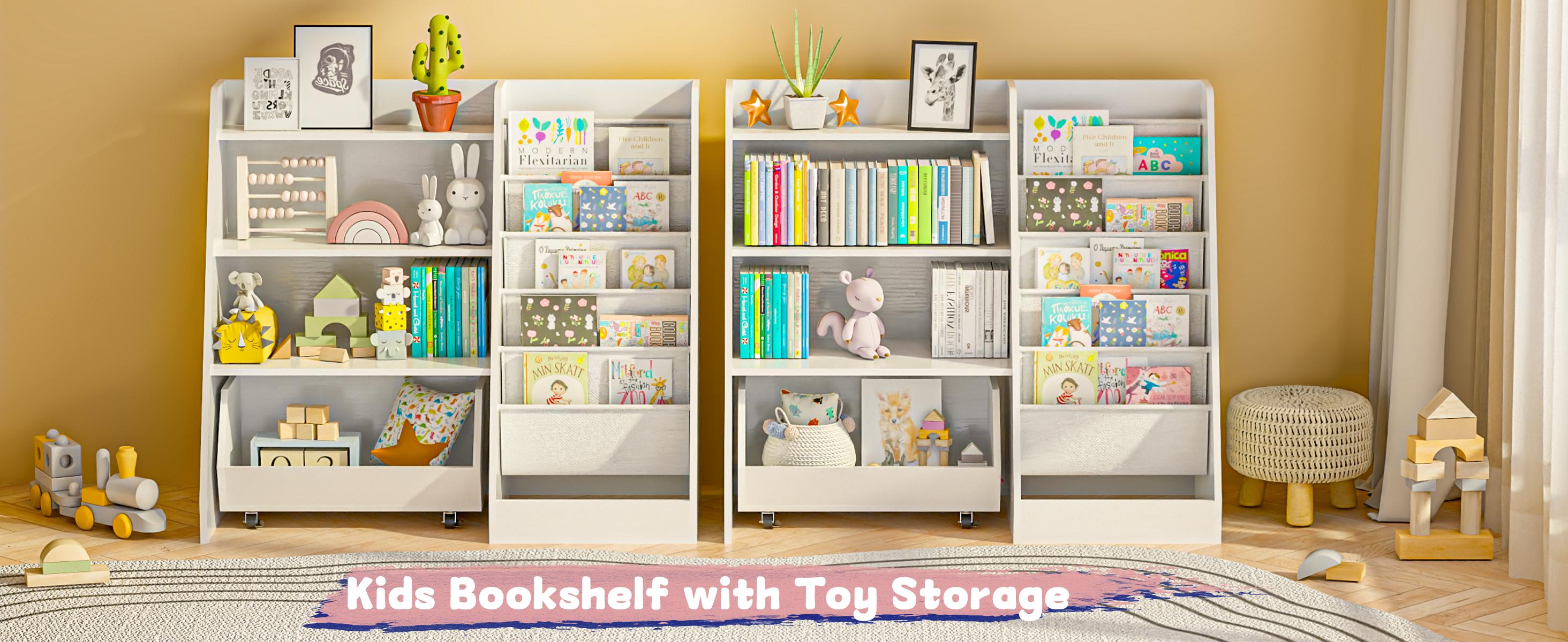 4-Tier Rolling Toy Storage Cabinet for Kids, 5 Layer Sling Toddler kids furniture,Baby Furniture Book Rack,Book and Toy Organizer Cabinet  with Wheels , White.