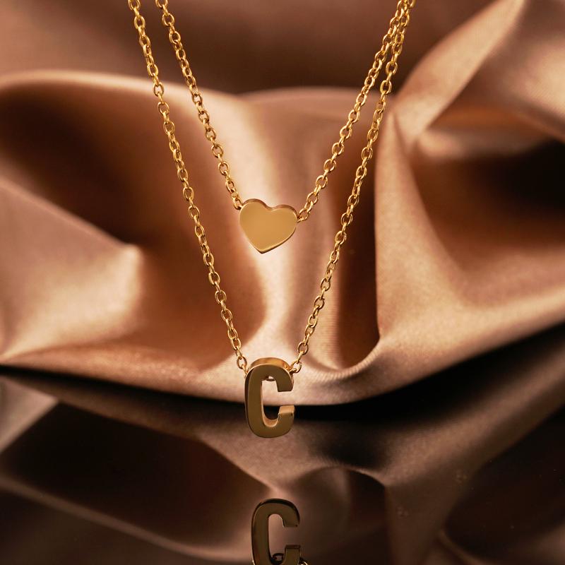 Delzzad Titanium Steel Heart Letter Double Layer Pendant Necklace Golden Finish Elegant Layered Chains Adjustable Fit Perfect for Birthday Anniversary Gifts Tarnish Proof Jewelry Handmade Fashion Accessory