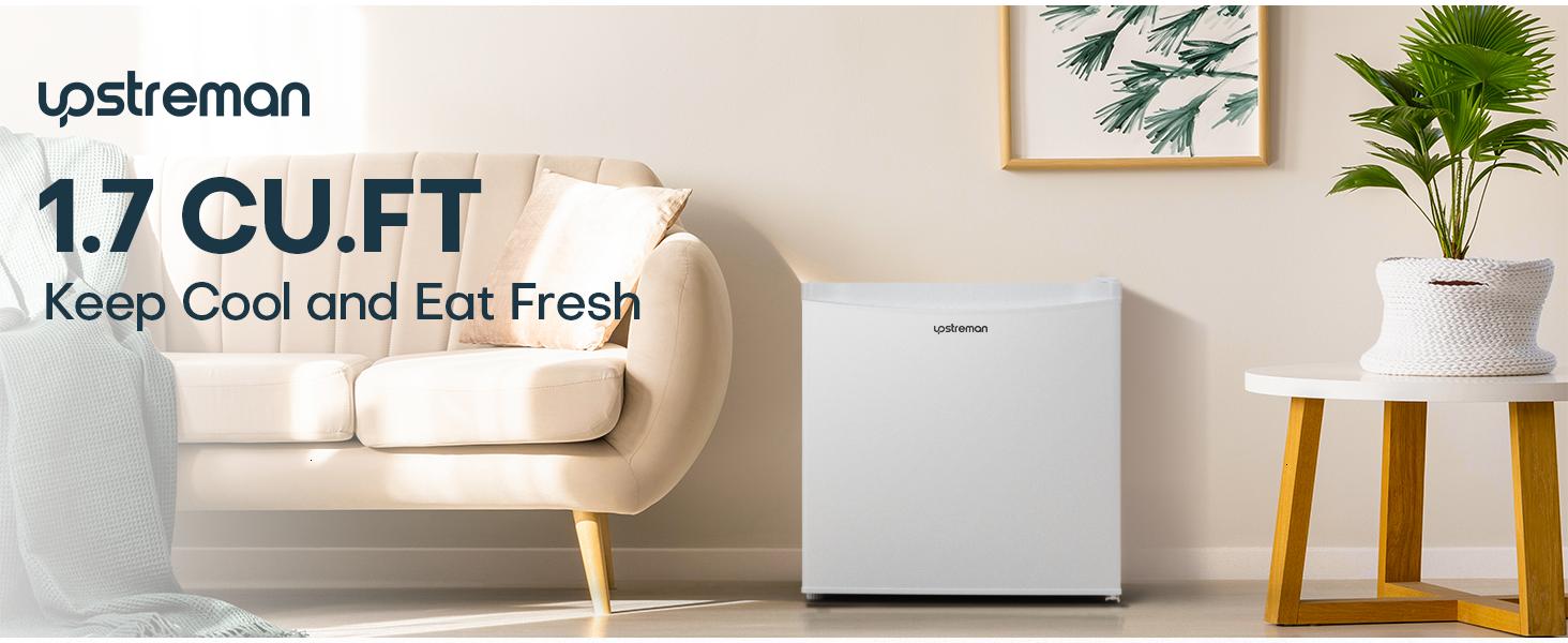 Upstreman mini fridges 1.7 Cu Ft with Freezer FR17 Adjustable Thermostat Energy Saving Low Noise Single Door Compact Refrigerator for Dorm Office Can Bedroom white fridge mini  brands Small pantry drink fridge skincare fridge Portable