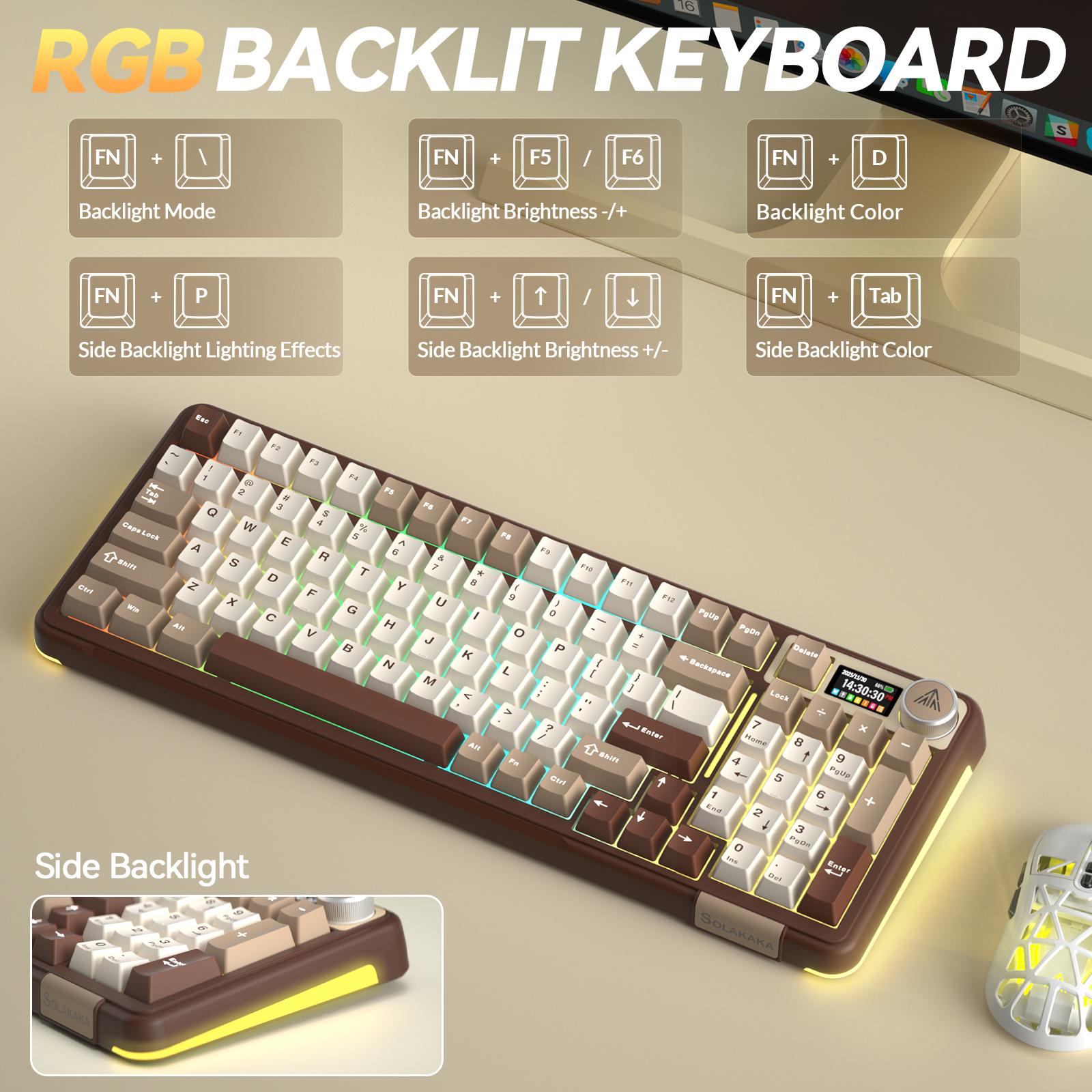 Solakaka A99 Pro 99% Wireless Mechanical Keyboard,  Hot-Swappable,  LCD Screen & Control Knob,  Tri-Mode Bluetooth/2.4G/USB-C,  RGB Backlit, Cream Coffee