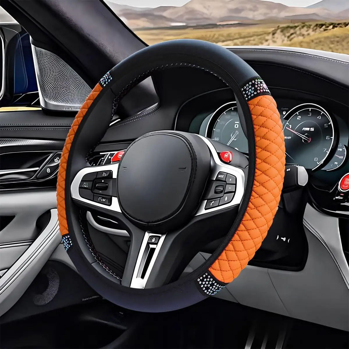 Girls' 15-in Bling PU Leather Steering Wheel Cover - Anti-Slip Grip Sparkly Crystal Accessory, Elastic Universal Fit, Easy-to-Clean Black/Red, Car Interior Decor, Tidy-Keeping, Secure for Most Vehicles