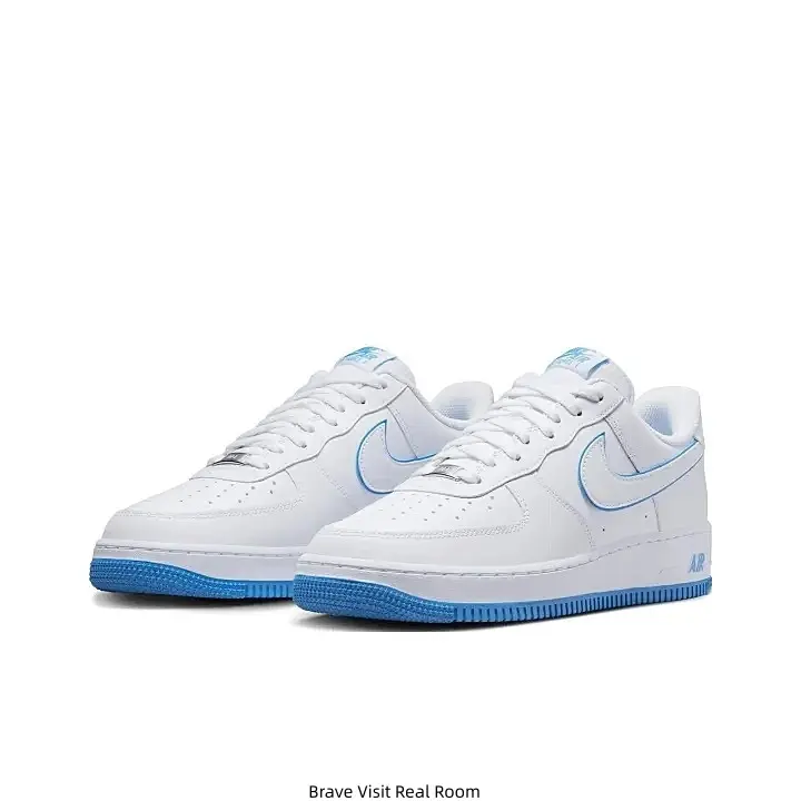 White Light Blue Outline Swoosh Retro Low Top Air Force Casual Sneakers Light Blue Rubber Outsole Smooth Leather Daily Walking Shoes for Men Women Street Fashion Trainers