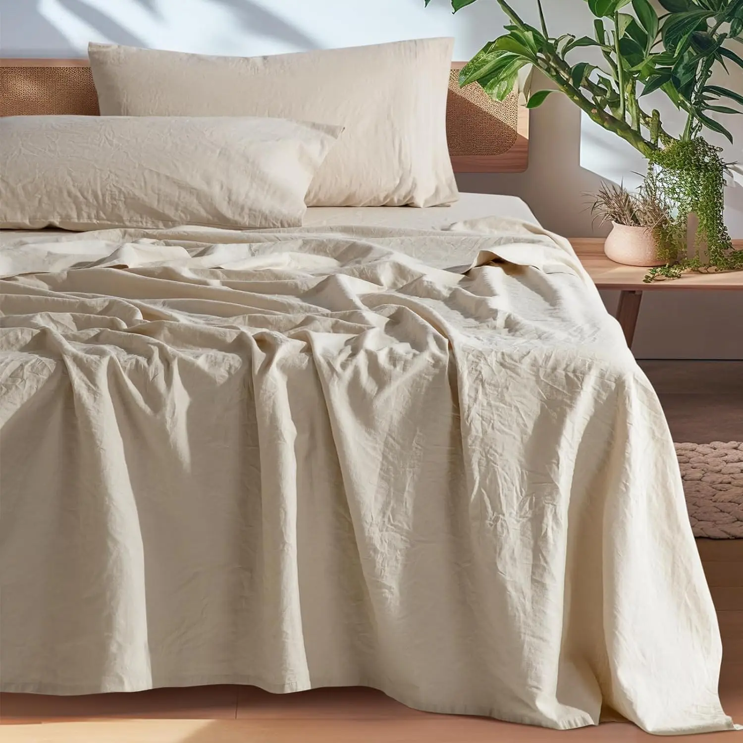 Shilucheng Natural Linen Sheet Set - French Flax Farmhouse Style Bedding, Anti-Tear, Cooling Breathable & Machine Washable 16 Inch Deep Pocket Comfortable Environmentally Friendly outdoorfun,summerwins,back to school,back to school shopping,home decor