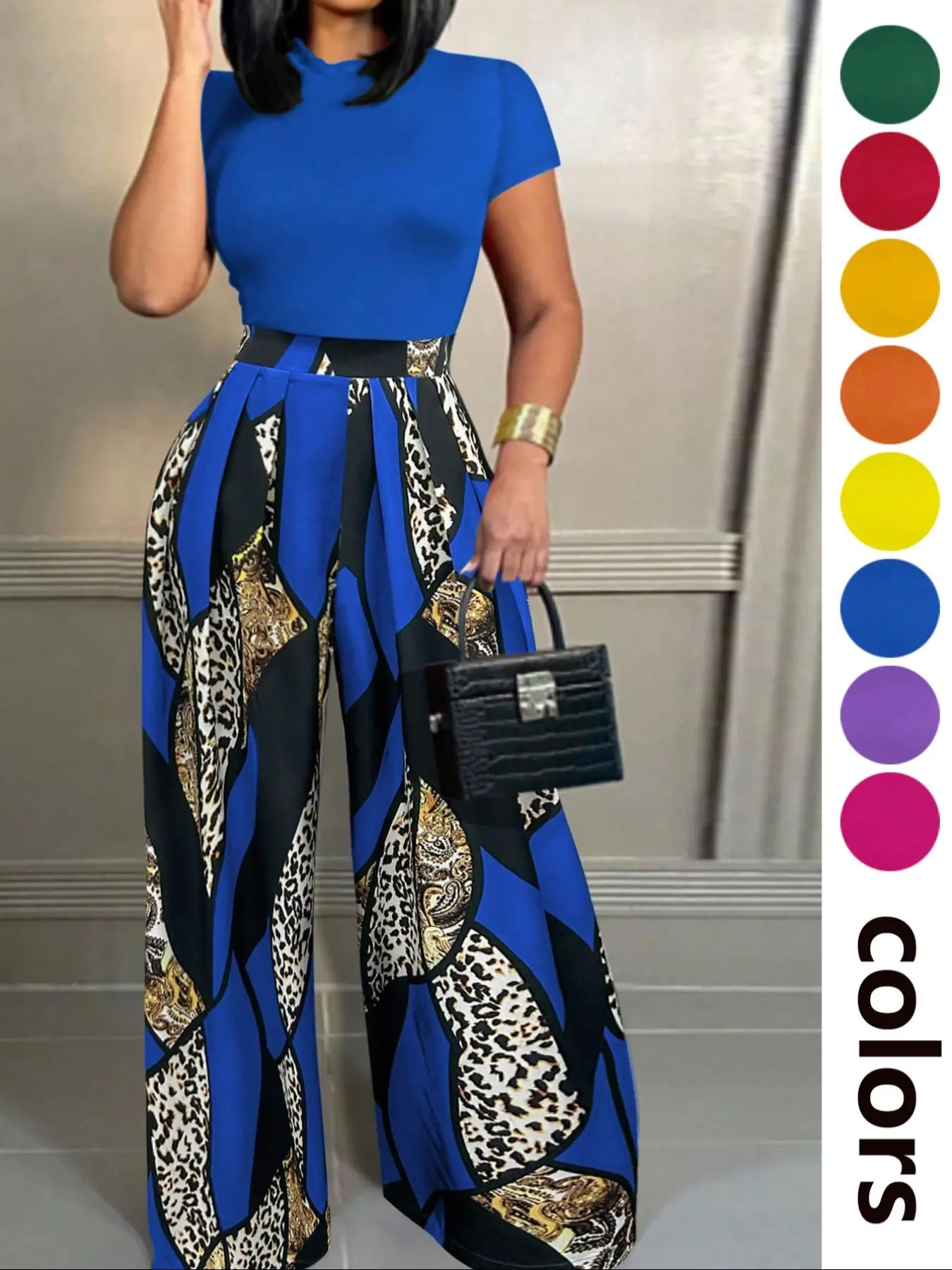 Women's Solid Color Tee & Wide Leg Pants Two-piece Set, Matching Outfit Set, Casual Style Set, Casual Fashion Cozy Fitted Short Sleeve Round Neck T-shirt & Trousers for Daily Outdoor Wear, Ladies Summer Clothes, Womenswear, Print, Animal Print Set