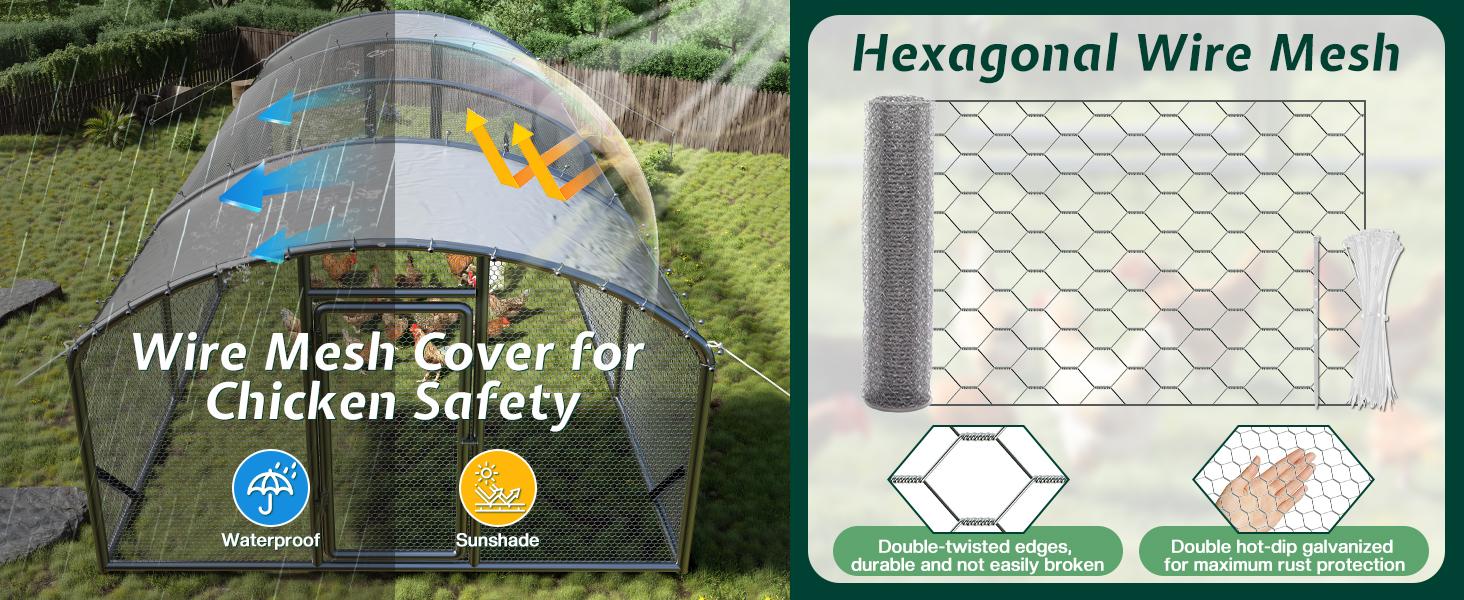 VanAcc Large Chicken Coop with Perch and Hinged Door, Spire Roof Walk-in Chicken Run with Metal Frame and PE Cover for Backyard Poultry, Ducks, Rabbits