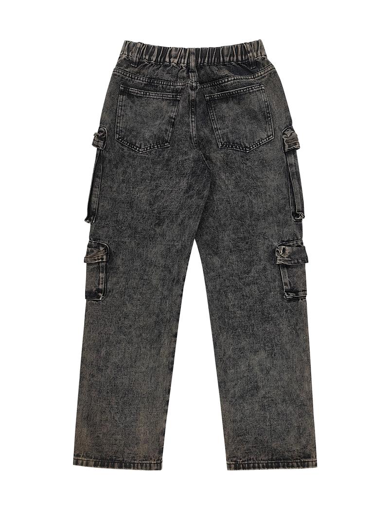 Elengatine  FallFreshness 13 Pockets Casual Chic High Waisted Loose Fit Straight Leg Cargo Jeans Women Vintage - inspired Distressed Denim Cargo Pants for Women, Multiple Utility Pockets, Loose Wide - Leg Style Trouser Womenswear