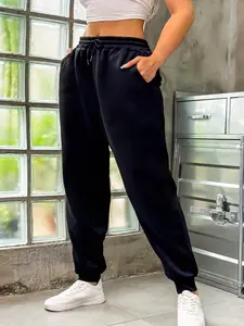 Plus Size Warm Elastic Waist Jogger Pants with Side Pockets Curvy Enhancing Relaxed Fit High Rise Adjustable Waistband Functional Pockets - Womenswear