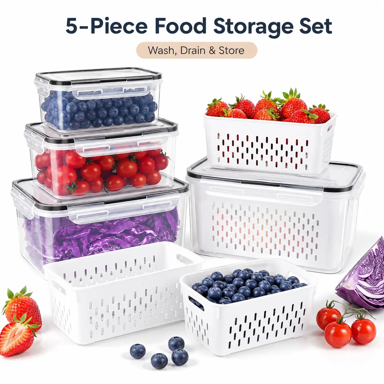 5-Size Food Storage Container Set with Lids & Removable Colanders, Non-Toxic Kitchen Organization Organizer Storage Lunch Containers Plastic Canisters for Raw Vegetable Cleaning, Camping, Packing Lunch for My Kid, Storage Bins