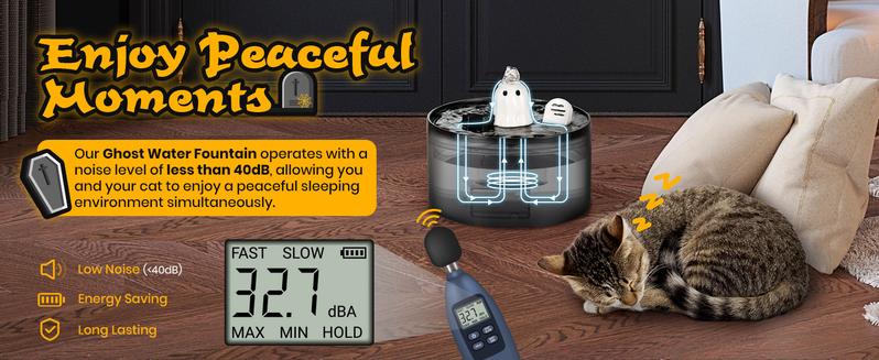 Happy & Polly 50oz/1.5L Ceramic Gothic Ghost Cat Spooky Drinking Water Fountain, Food-Grade Pet Fountain Large for Kittens and Puppies, USB Powered