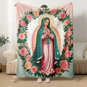 Our Lady of Guadalupe Patterned Flannel Blanket Ultra-Plush Lightweight Warm 100% Polyester Machine Washable Ideal for Sofas Beds Camping Travel Perfect Catholic Gift exquisite cozy super soft unique birthday design comfort