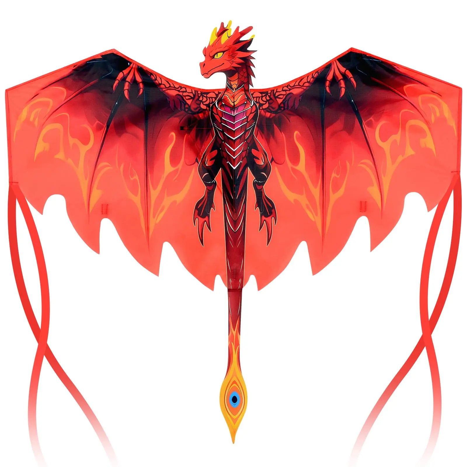 Fire Dragon Kite for Adults, Beginners & Kids, Large Easy to Fly Single Line Kite with Long Tails & String Handle, Red Flame Dragon Kites for Beach Park Outdoor Activities