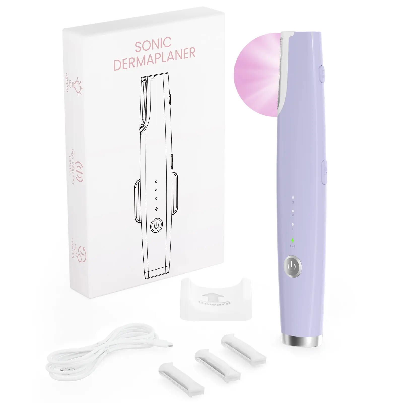 Purple Sonic Dermaplaning Tool for Women, 3-Speed Rechargeable Face Shaver for Peach Fuzz Removal & Gentle Exfoliation with LED Light, Hair Removal, Dermaplane Shaver, Rechargeable Shaver Machine