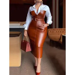 Womens Shirt Collar Dresses New Autumn Buttons Long Sleeve PU Leather Patchwork Pocket Skinny Belted Lapel Female Midi Dress