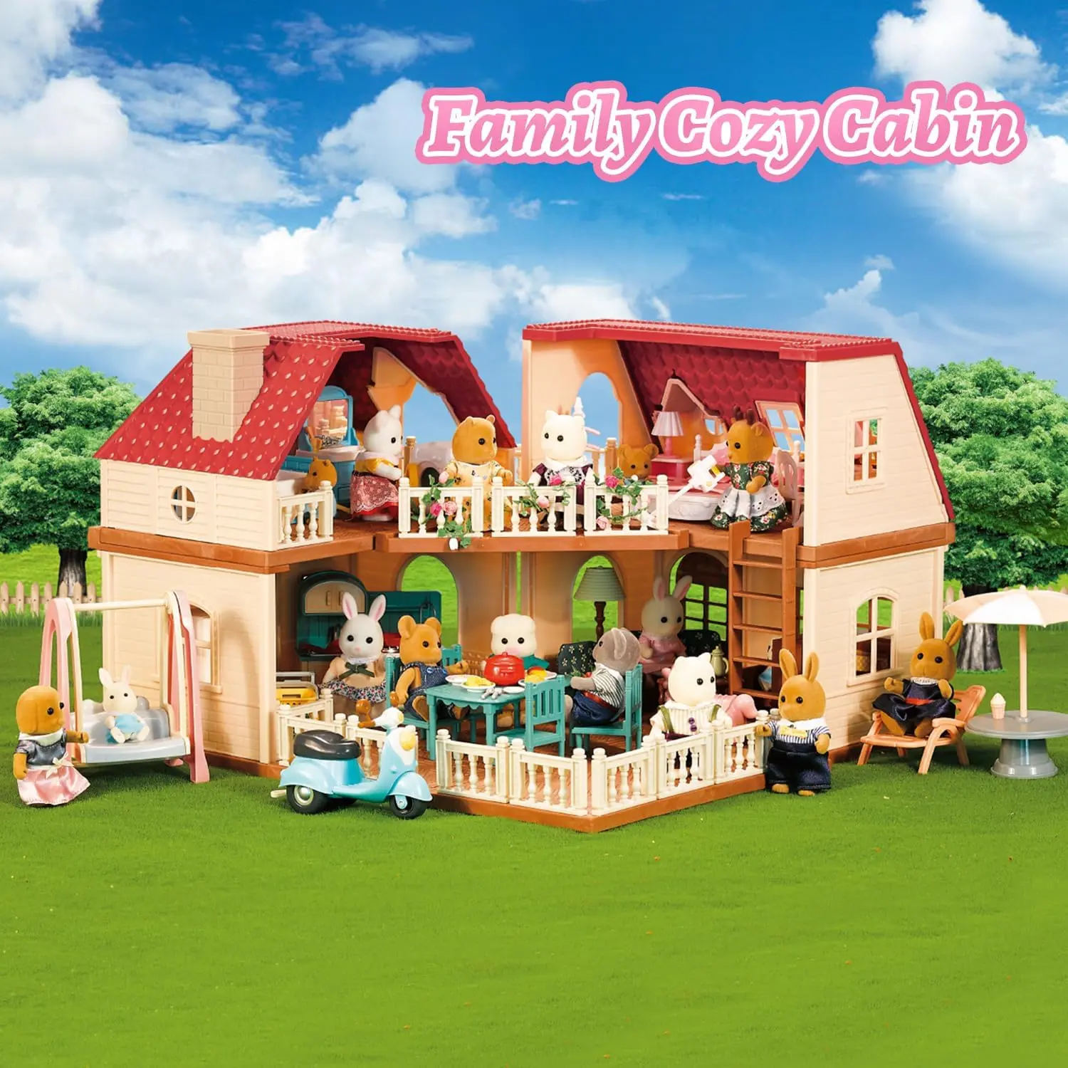 Family Cozy Cabin Dollhouse Playset with Furniture & Accessories, DIY Pretend Play Cottage for Ages 3+, Boys & Girls